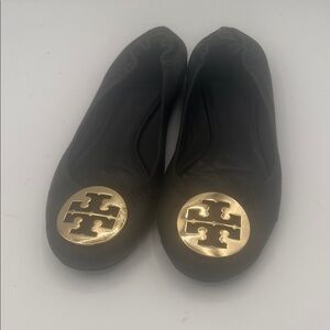 Tory Burch Black Ballet Flats with Gold Emblem